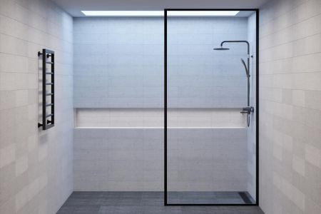Black framed shower door and glass enclosure
